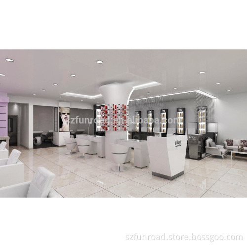 Hair beauty and wig store designs with LED lighted wooden display counters